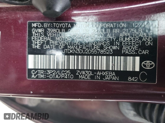 2013 Toyota Prius One with VIN JTDKN3DU2D5578523, listed as a Copart auction lot 63744665 with 275,407 mi miles and Salvage title. Bid and sale history available at DreamBid. Image 12.
