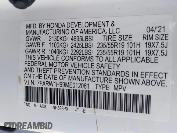 2021 Honda CR-V Touring with VIN 7FARW1H99ME012061, listed as a IAAI auction lot 41168036 with 36,886 mi miles. Bid and sale history available at carsss.com. Image 9.