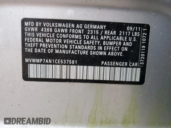 2012 Volkswagen CC R-Line z VIN WVWMP7AN1CE537581, wystawiony jako Copart lot #60816635 z przebiegiem 105 074 mil mil oraz Czysty tytuł • Clean title. Historia ofert i sprzedaży dostępna na DreamBid. Obrazek 12.