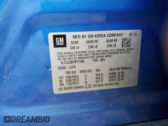 2015 Chevrolet Trax LT with VIN KL7CJLSB4FB177946, listed as a Copart auction lot 46938495 with 136,114 mi miles and Salvage Title. Bid and sale history available at carsss.com. Image 13.