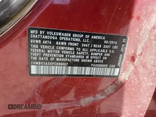 2015 Volkswagen Passat SE с VIN 1VWBV7A3XFC029957, выставлен на аукционе Copart как лот 54874925 с пробегом 107 730 миль миль и Списание • Salvage title. История ставок и продаж доступна на DreamBid. Изображение 12.