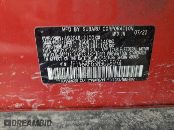 2022 Subaru WRX Premium with VIN JF1VBAF63N9015974, listed as a Copart auction lot 48869695 with 38,752 mi miles and Salvage Title. Bid and sale history available at DreamBid. Image 13.