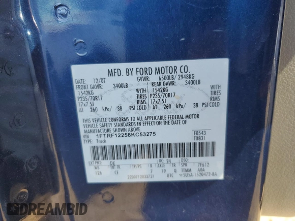 2008 Ford F-150 XL with VIN 1FTRF12258KC53275, listed as a Copart auction lot 49346855 with 147,210 mi miles and Salvage Title. Bid and sale history available at carsss.com. Image 12.
