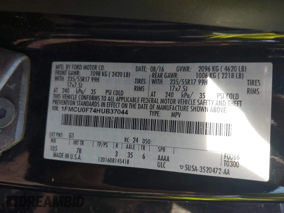 2017 Ford Escape S with VIN 1FMCU0F74HUB37044, listed as a IAAI auction lot 40425231 with 109,233 mi miles and . Bid and sale history available at DreamBid. Image 9.