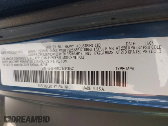 2008 Subaru Outback i with VIN 4S4BP61C287343052, listed as a IAAI auction lot 42583382 with 139,312 mi miles and . Bid and sale history available at DreamBid. Image 9.