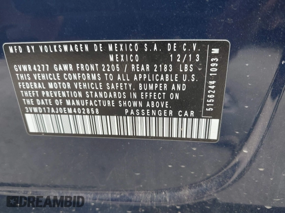 2014 Volkswagen Jetta SE z VIN 3VWD17AJ0EM402858, wystawiony jako IAAI lot #42663051 z przebiegiem 138 606 mil mil oraz . Historia ofert i sprzedaży dostępna na DreamBid. Obrazek 9.