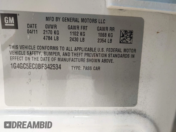 2011 Buick LaCrosse CXL with VIN 1G4GC5EC0BF342534, listed as a IAAI auction lot 41924601 with 74,706 mi miles and . Bid and sale history available at DreamBid. Image 9.