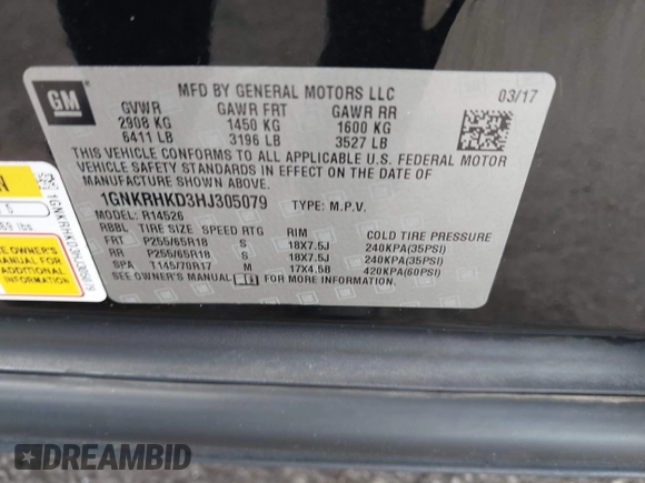 2017 Chevrolet Traverse LT with VIN 1GNKRHKD3HJ305079, listed as a IAAI auction lot 42009969 with 151,832 mi miles and . Bid and sale history available at DreamBid. Image 9.