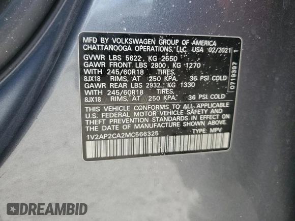 2021 Volkswagen Atlas S с VIN 1V2AP2CA2MC566325, выставлен на аукционе Copart как лот 57944825 с пробегом 37 346 миль миль и Списание • Salvage title. История ставок и продаж доступна на DreamBid. Изображение 13.