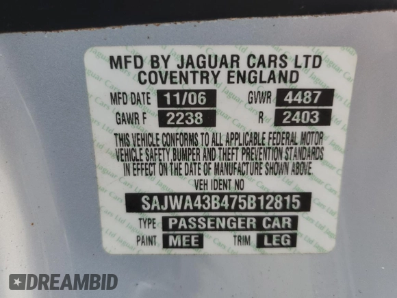 2007 Jaguar XK with VIN SAJWA43B475B12815, listed as a Copart auction lot 75012064 with 55,917 mi miles and Salvage Title. Bid and sale history available at carsss.com. Image 13.