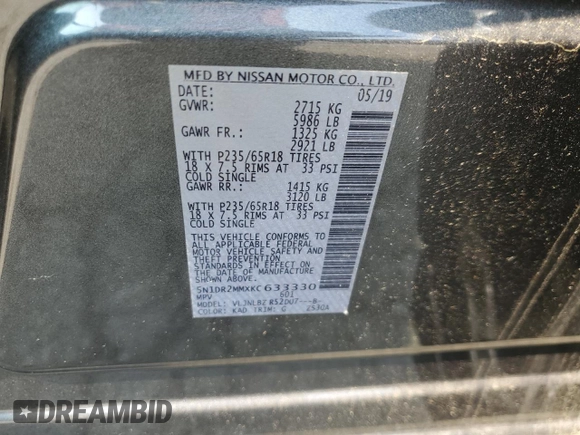 2019 Nissan Pathfinder S with VIN 5N1DR2MMXKC633330, listed as a Copart auction lot 64397035 with 190,196 mi miles and Clean title. Bid and sale history available at DreamBid. Image 13.