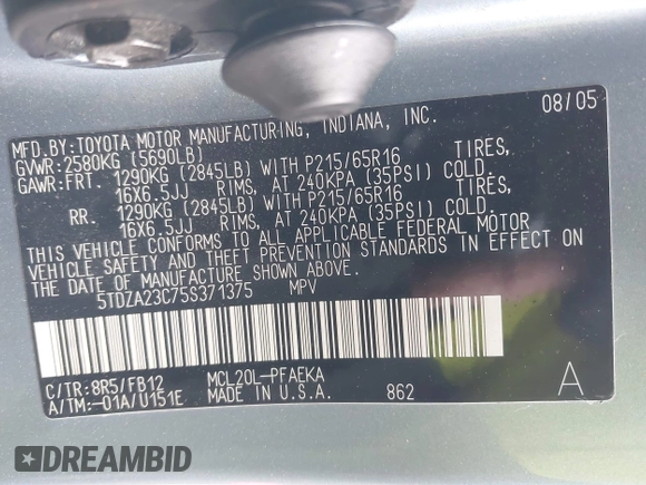 2005 Toyota Sienna CE with VIN 5TDZA23C75S371375, listed as a IAAI auction lot 42297274 with 241,609 mi miles and . Bid and sale history available at DreamBid. Image 9.