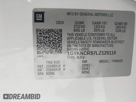 2020 Cadillac XT5 Premium Luxury FWD with VIN 1GYKNCRS7LZ129119, listed as a IAAI auction lot 41710878 with 52,575 mi miles and . Bid and sale history available at carsss.com. Image 9.
