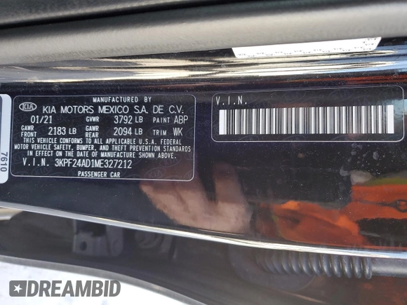 2021 Kia Forte LXS with VIN 3KPF24AD1ME327212, listed as a Copart auction lot 46270035 with 59,315 mi miles and Salvage title. Bid and sale history available at DreamBid. Image 14.