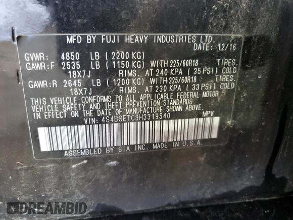 2017 Subaru Outback Touring z VIN 4S4BSETC9H3319540, wystawiony jako Copart lot #52864005 z przebiegiem 114 494 mil mil oraz Szkoda całkowita • Salvage title. Historia ofert i sprzedaży dostępna na DreamBid. Obrazek 13.