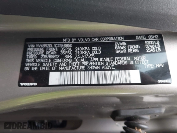 2012 Volvo XC60 3.2L with VIN YV4952DL1C2346850, listed as a IAAI auction lot 42209848 with 243,570 mi miles and . Bid and sale history available at DreamBid. Image 9.