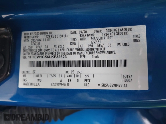 2020 Ford F-150 XL z VIN 1FTEW1C56LKF32623, wystawiony jako IAAI lot #41307924 z przebiegiem 66 716 mil mil oraz . Historia ofert i sprzedaży dostępna na DreamBid. Obrazek 9.