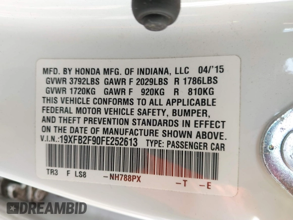 2015 Honda Civic Sedan EX-L with VIN 19XFB2F90FE252613, listed as a IAAI auction lot 41742895 with 88,778 mi miles. Bid and sale history available at carsss.com. Image 9.