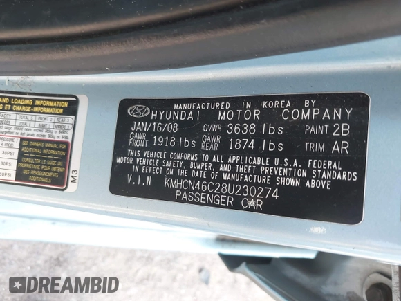 2008 Hyundai Accent GLS with VIN KMHCN46C28U230274, listed as a IAAI auction lot 42427490 with 150,436 mi miles and . Bid and sale history available at DreamBid. Image 9.