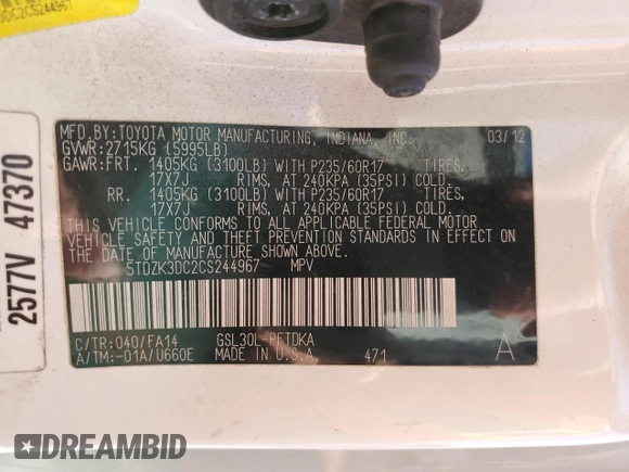 2012 Toyota Sienna with VIN 5TDZK3DC2CS244967, listed as a Copart auction lot 49787795 with 242,667 mi miles and Salvage Title. Bid and sale history available at carsss.com. Image 13.