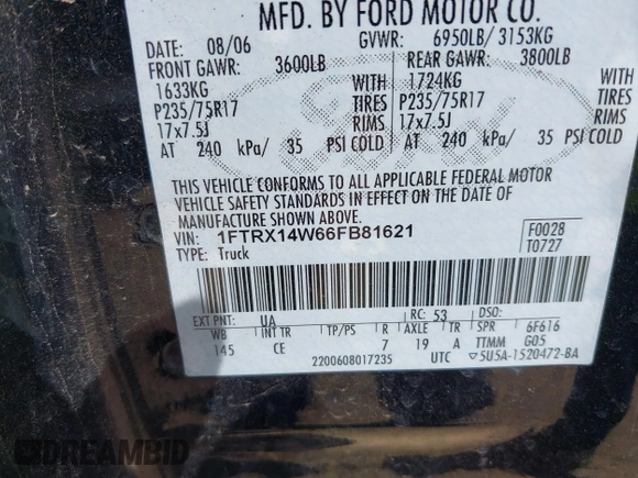 2006 Ford F-150 STX with VIN 1FTRX14W66FB81621, listed as a IAAI auction lot 42738300 with 222,161 mi miles and . Bid and sale history available at DreamBid. Image 9.