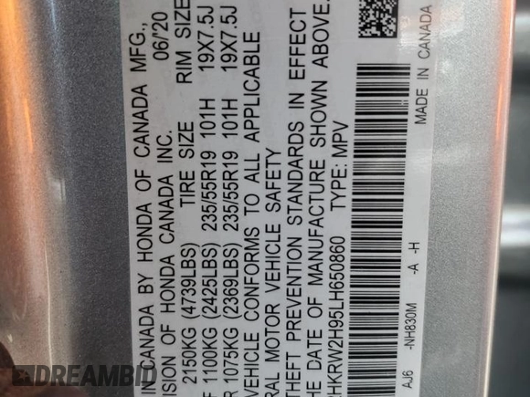 2020 Honda CR-V Touring z VIN 2HKRW2H95LH650860, wystawiony jako Copart lot #55510015 z przebiegiem 68 680 mil mil oraz Szkoda całkowita • Salvage title. Historia ofert i sprzedaży dostępna na DreamBid. Obrazek 13.