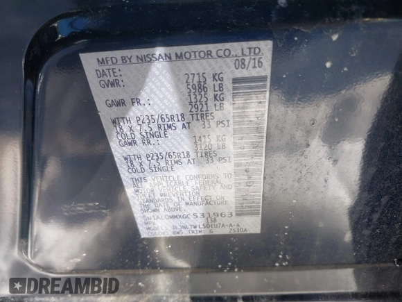 2016 Infiniti QX60 with VIN 5N1AL0MMXGC531963, listed as a IAAI auction lot 41571917 with 79,322 mi miles and . Bid and sale history available at DreamBid. Image 9.