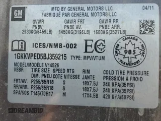 2011 GMC Acadia SLE with VIN 1GKKVPED5BJ359215, listed as a Copart auction lot 55307625 with 237,320 mi miles and Salvage Title. Bid and sale history available at carsss.com. Image 13.