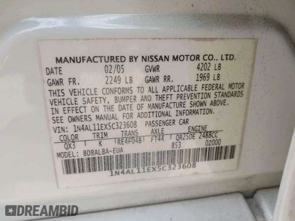 2005 Nissan Altima 2.5 S with VIN 1N4AL11EX5C323608, listed as a IAAI auction lot 41962367 with 160,026 mi miles. Bid and sale history available at carsss.com. Image 9.