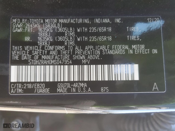 2021 Toyota Highlander XLE with VIN 5TDHZRAH0MS047954, listed as a Copart auction lot 47434505 with 59,728 mi miles and Salvage Title. Bid and sale history available at carsss.com. Image 16.