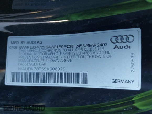2009 Audi A5 with VIN WAUDK78T59A006979, listed as a IAAI auction lot 41689040 with 225,422 mi miles. Bid and sale history available at carsss.com. Image 9.
