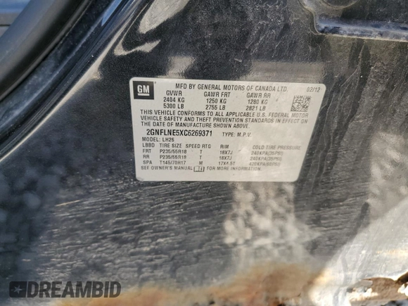 2012 Chevrolet Equinox 2LT with VIN 2GNFLNE5XC6269371, listed as a Copart auction lot 55015975 with 273,628 mi miles and Salvage Title. Bid and sale history available at DreamBid. Image 13.