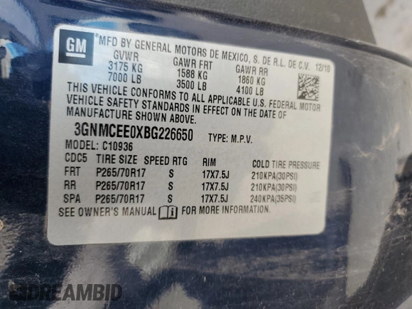 2011 Chevrolet Avalanche LS with VIN 3GNMCEE0XBG226650, listed as a Copart auction lot 51014435 with 230,760 mi miles and Clean Title. Bid and sale history available at carsss.com. Image 12.