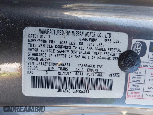 2017 Nissan 370Z with VIN JN1AZ4EH9HM954561, listed as a IAAI auction lot 41735251 with 24,542 mi miles. Bid and sale history available at carsss.com. Image 9.