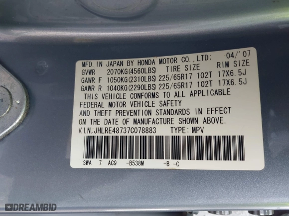 2007 Honda CR-V EX-L with VIN JHLRE48737C078883, listed as a IAAI auction lot 41923822 with 113,256 mi miles. Bid and sale history available at carsss.com. Image 9.