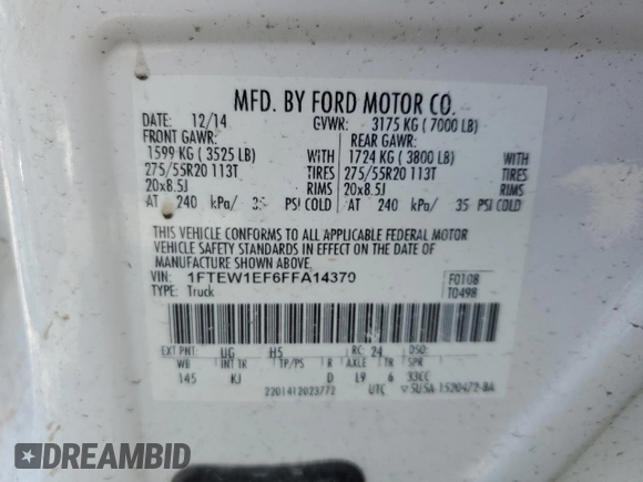 2015 Ford F-150 XLT with VIN 1FTEW1EF6FFA14370, listed as a Copart auction lot 46941585 with 222,677 mi miles and Salvage Title. Bid and sale history available at carsss.com. Image 12.