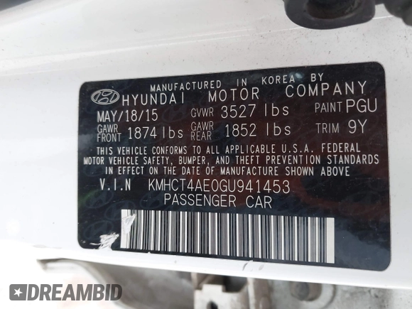 2016 Hyundai Accent SE with VIN KMHCT4AE0GU941453, listed as a IAAI auction lot 42533753 with 153,345 mi miles and . Bid and sale history available at DreamBid. Image 9.