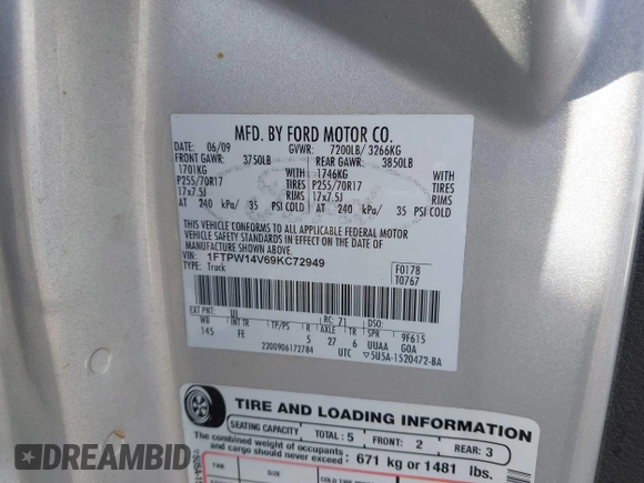 2009 Ford F-150 XL with VIN 1FTPW14V69KC72949, listed as a IAAI auction lot 41108137 with 195,965 mi miles and . Bid and sale history available at DreamBid. Image 9.
