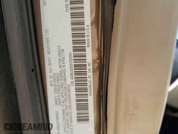 2009 Subaru Legacy Limited with VIN 4S3BL626397222041, listed as a Copart auction lot 55176075 with 162,331 mi miles and Salvage title. Bid and sale history available at DreamBid. Image 12.