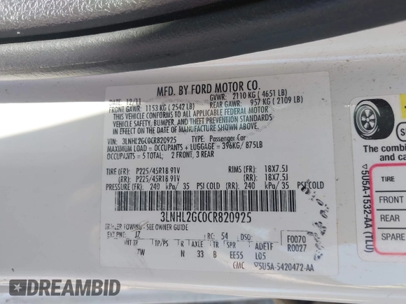 2012 Lincoln MKZ with VIN 3LNHL2GC0CR820925, listed as a IAAI auction lot 42659891 with 89,315 mi miles and . Bid and sale history available at DreamBid. Image 9.