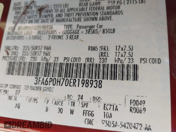 2014 Ford Fusion SE with VIN 3FA6P0H70ER198938, listed as a IAAI auction lot 42016570 with 266,756 mi miles. Bid and sale history available at carsss.com. Image 9.