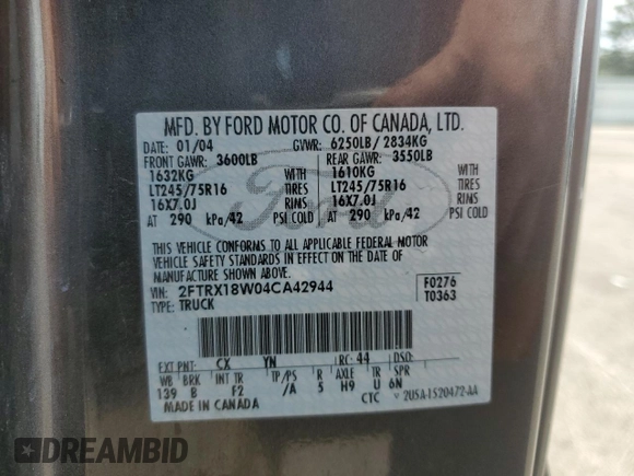 2004 Ford F-150 XL with VIN 2FTRX18W04CA42944, listed as a Copart auction lot 66496505 with 238,990 mi miles and Clean title. Bid and sale history available at DreamBid. Image 12.