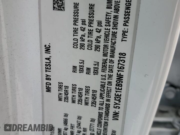 2022 Tesla Model 3 Long Range with VIN 5YJ3E1EB9NF167318, listed as a Copart auction lot 43235155 with 54,167 mi miles and Salvage Title. Bid and sale history available at carsss.com. Image 14.