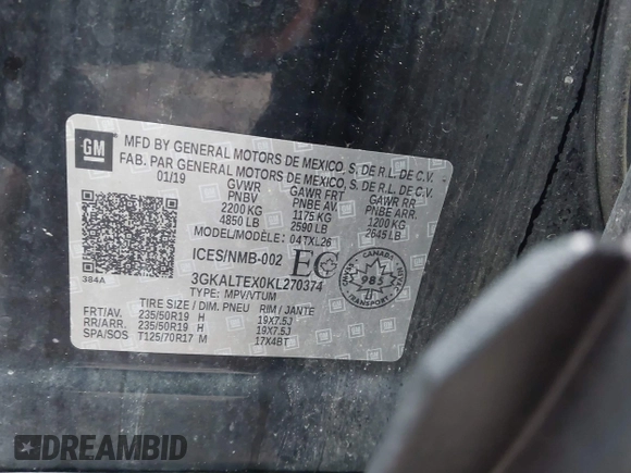2019 GMC Terrain SLE with VIN 3GKALTEX0KL270374, listed as a IAAI auction lot 42008939 with 67,022 mi miles. Bid and sale history available at carsss.com. Image 9.