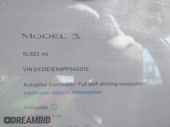 2023 Tesla Model 3 with VIN 5YJ3E1EA9PF640015, listed as a IAAI auction lot 41622086 with 15,622 mi miles and . Bid and sale history available at carsss.com. Image 7.