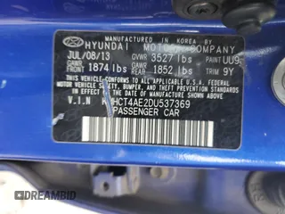 2013 Hyundai Accent GLS with VIN KMHCT4AE2DU537369, listed as a Copart auction lot 50819985 with 191,011 mi miles and Salvage Title. Bid and sale history available at carsss.com. Image 12.