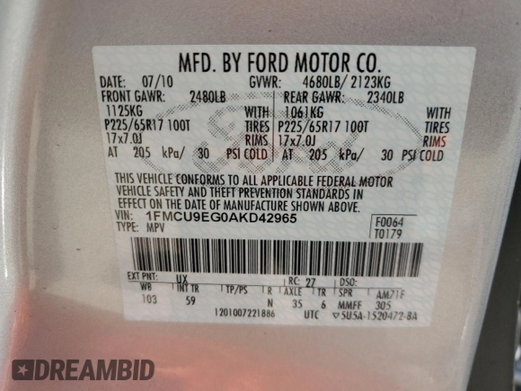 2010 Ford Escape Limited с VIN 1FMCU9EG0AKD42965, выставлен на аукционе Copart как лот 57097545 с пробегом 153 370 миль миль и Списание • Salvage title. История ставок и продаж доступна на DreamBid. Изображение 14.