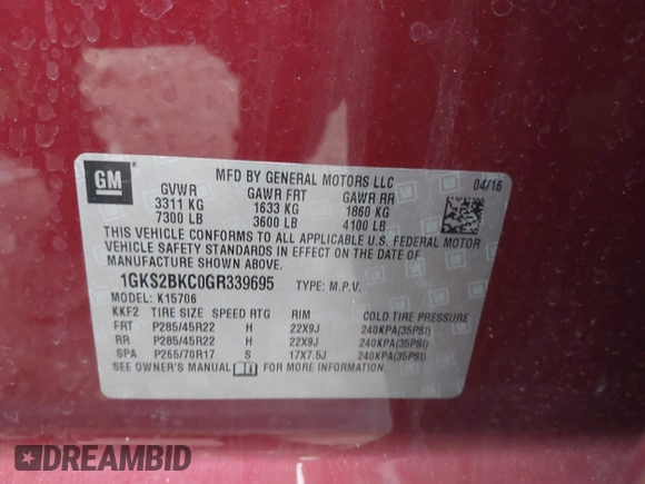 2016 GMC Yukon SLT with VIN 1GKS2BKC0GR339695, listed as a IAAI auction lot 41690832 with 176,119 mi miles and . Bid and sale history available at DreamBid. Image 9.