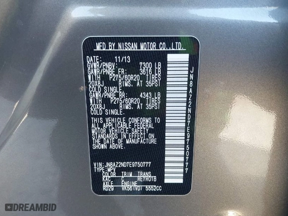 2014 Infiniti QX80 with VIN JN8AZ2ND7E9750777, listed as a IAAI auction lot 41336719 with 121,427 mi miles. Bid and sale history available at carsss.com. Image 9.