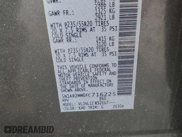 2015 Nissan Pathfinder S z VIN 5N1AR2MM0FC716225, wystawiony jako Copart lot #50805175 z przebiegiem 110 879 mil mil oraz Szkoda całkowita • Salvage title. Historia ofert i sprzedaży dostępna na DreamBid. Obrazek 13.